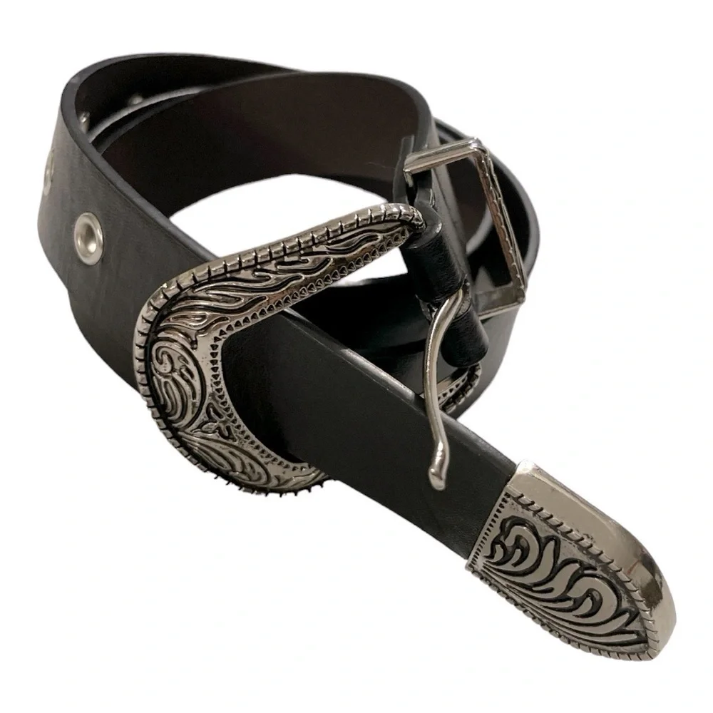 Black Leather Western Engraved Silver Buckle Belt | Size 27 | Boho Cowgirl